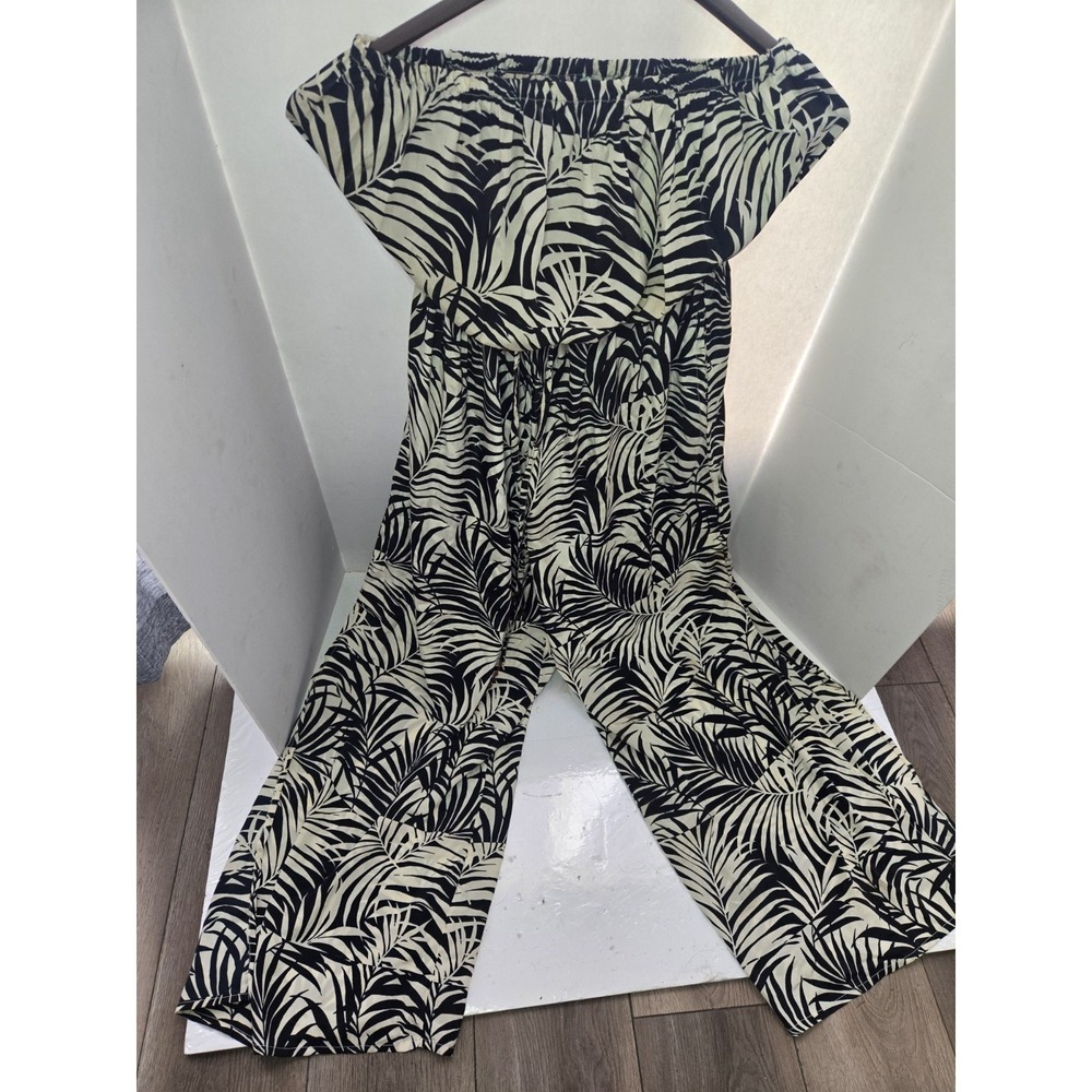True Destinations Strapless Jumper W/slit Leg Pockets Black White Leaf Pattern